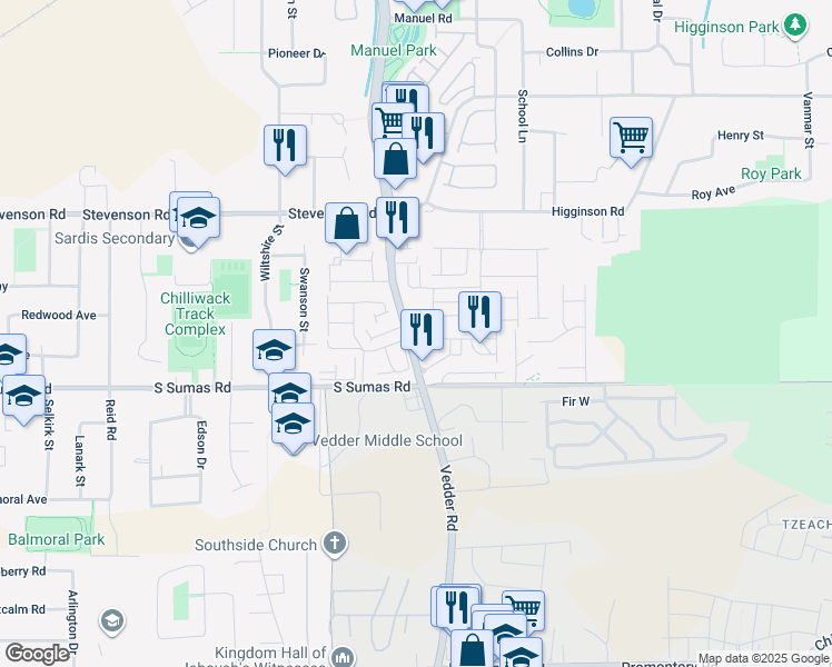 map of restaurants, bars, coffee shops, grocery stores, and more near 6486 Vedder Road in Chilliwack