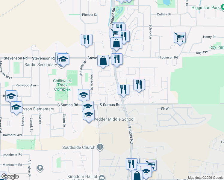 map of restaurants, bars, coffee shops, grocery stores, and more near 6512 Dogwood Drive in Chilliwack