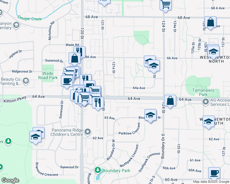 map of restaurants, bars, coffee shops, grocery stores, and more near in Surrey
