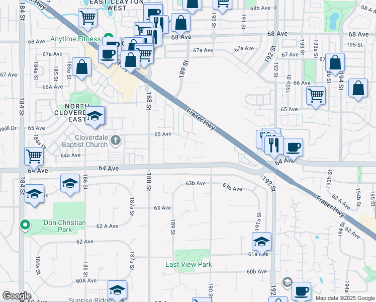 map of restaurants, bars, coffee shops, grocery stores, and more near 6466 189 Street in Surrey