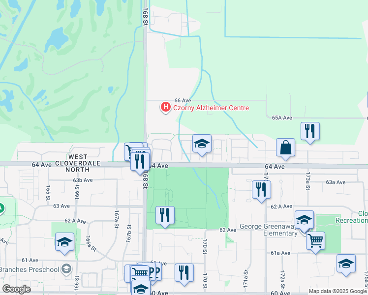 map of restaurants, bars, coffee shops, grocery stores, and more near 16995 64 Avenue in Surrey