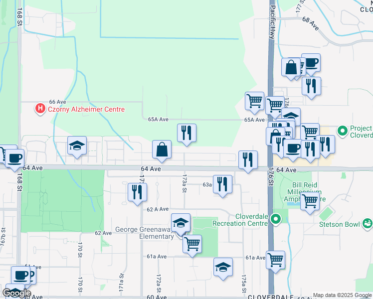 map of restaurants, bars, coffee shops, grocery stores, and more near 17351 64A Avenue in Surrey