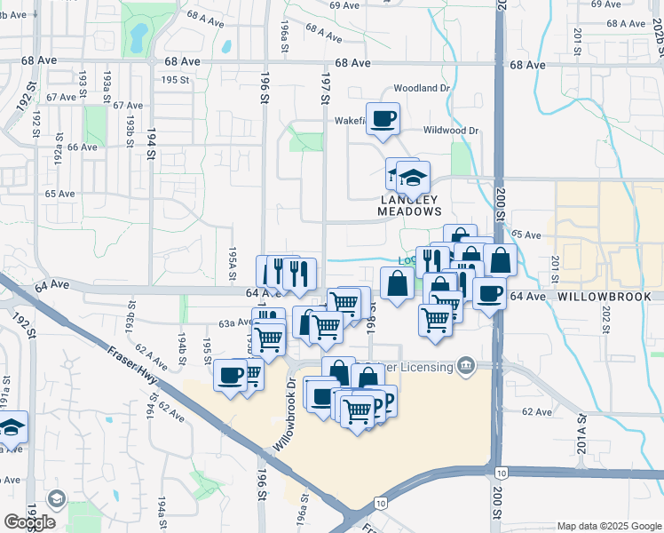 map of restaurants, bars, coffee shops, grocery stores, and more near 6440 197 Street in Langley Township