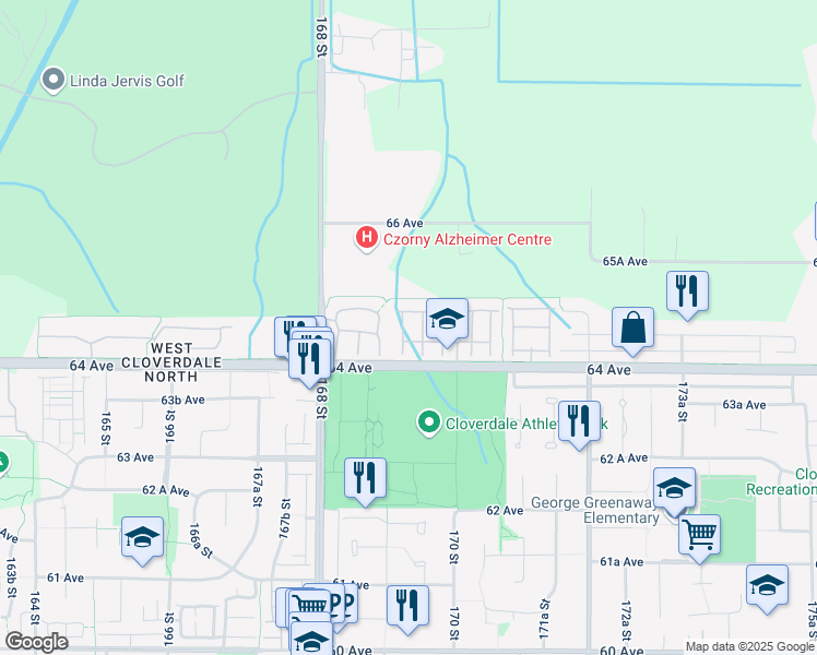 map of restaurants, bars, coffee shops, grocery stores, and more near 16995 64 Avenue in Surrey