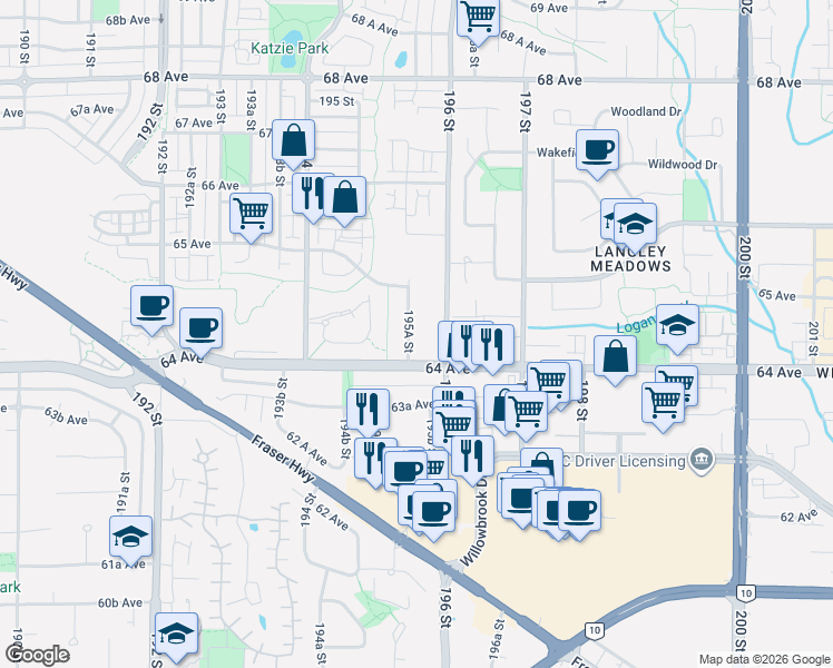map of restaurants, bars, coffee shops, grocery stores, and more near 6468 195A Street in Surrey