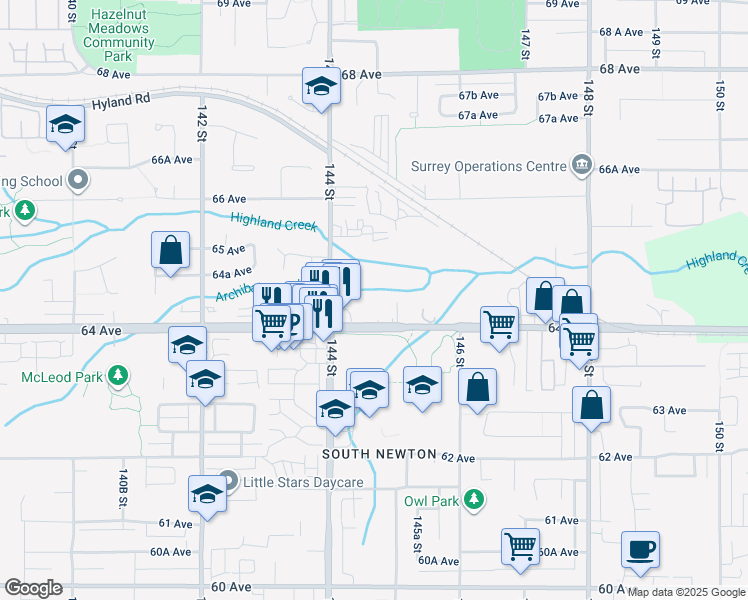 map of restaurants, bars, coffee shops, grocery stores, and more near 14499 64 Avenue in Surrey