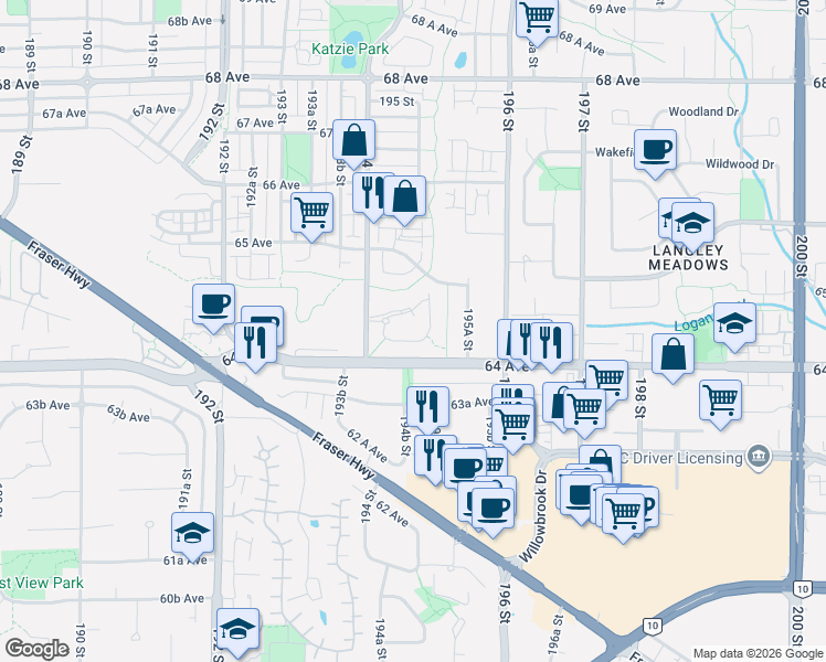 map of restaurants, bars, coffee shops, grocery stores, and more near 6480 194 Street in Surrey