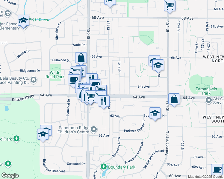 map of restaurants, bars, coffee shops, grocery stores, and more near 6452 121 Street in Surrey