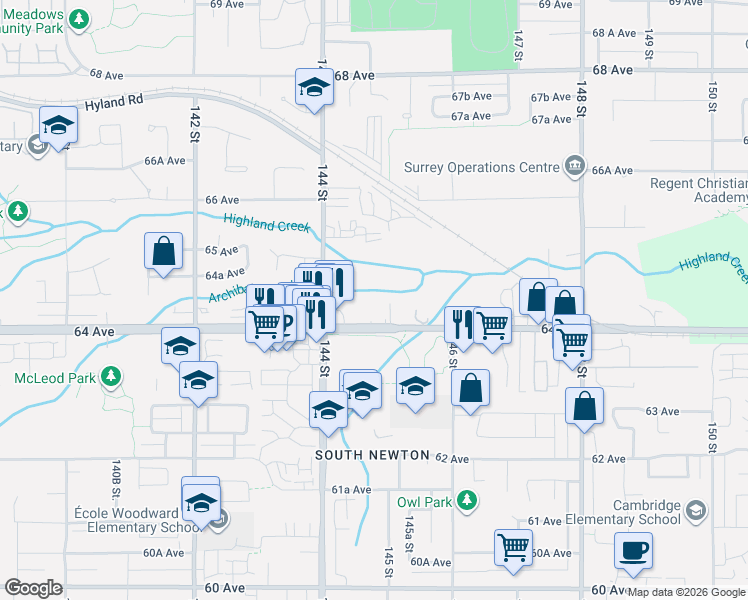 map of restaurants, bars, coffee shops, grocery stores, and more near 14499 64 Avenue in Surrey