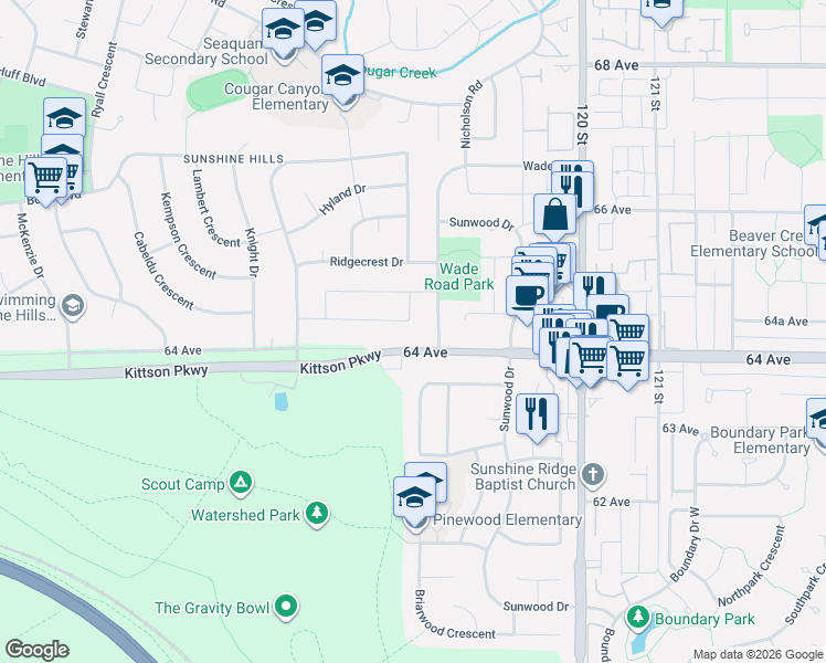 map of restaurants, bars, coffee shops, grocery stores, and more near 11752 64A Avenue in Delta