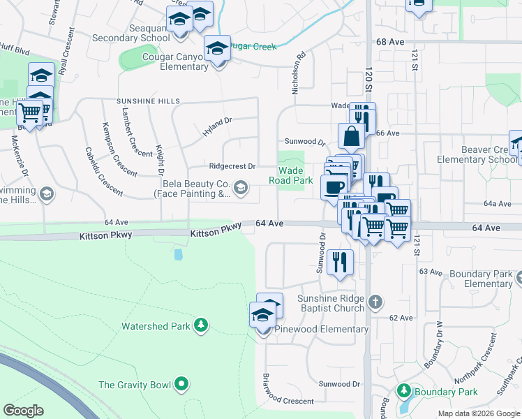 map of restaurants, bars, coffee shops, grocery stores, and more near 11752 64A Avenue in Delta