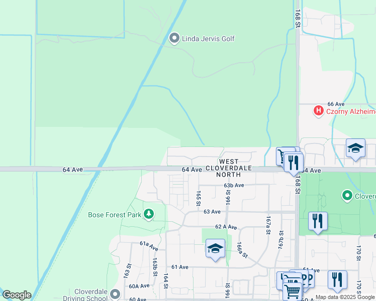 map of restaurants, bars, coffee shops, grocery stores, and more near 16455 64 Avenue in Surrey
