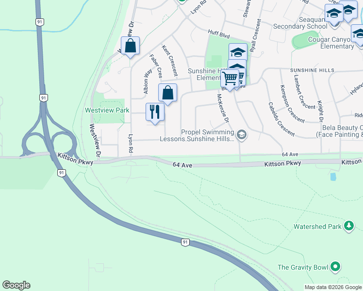 map of restaurants, bars, coffee shops, grocery stores, and more near 11088 64A Avenue in Delta