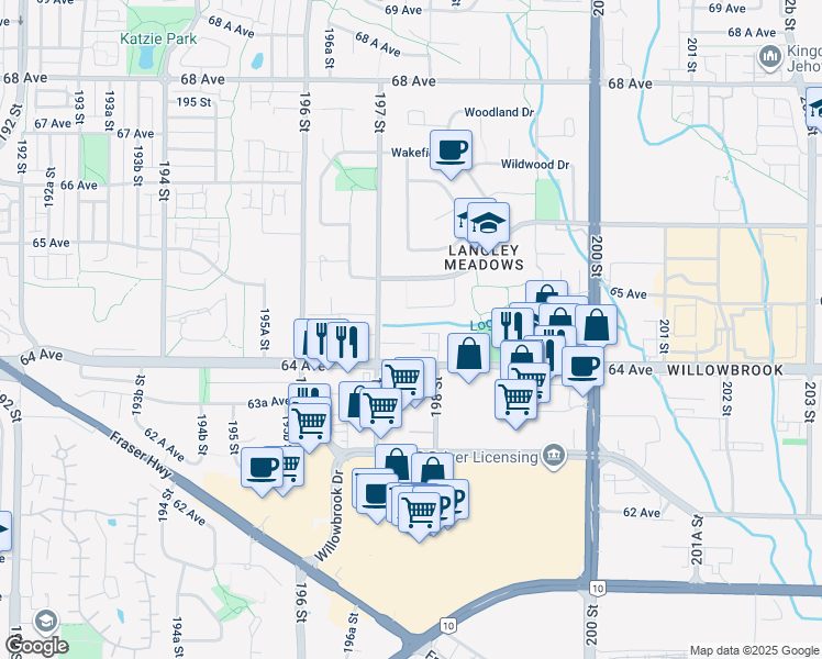 map of restaurants, bars, coffee shops, grocery stores, and more near 19721 64 Avenue in Langley