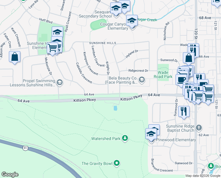 map of restaurants, bars, coffee shops, grocery stores, and more near 6430 Knight Drive in Delta