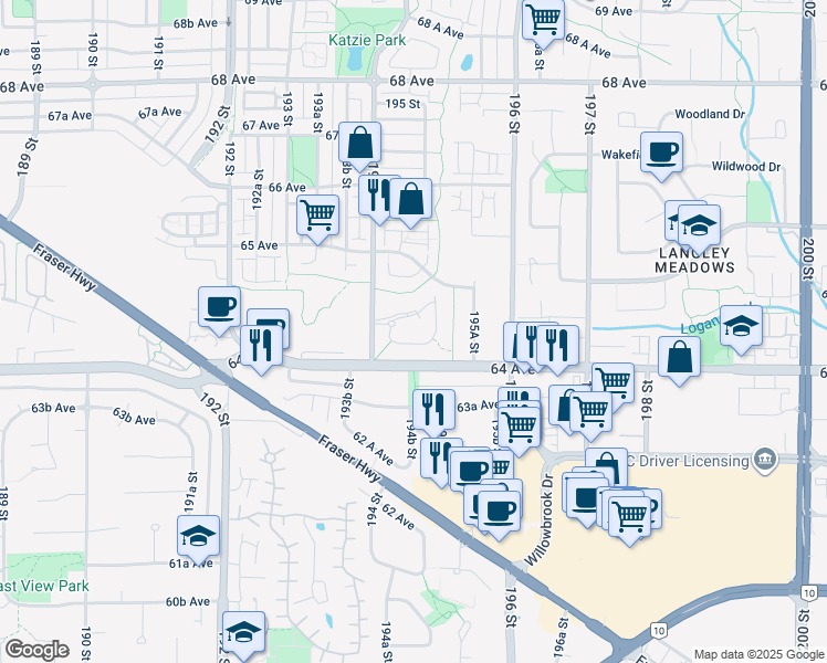 map of restaurants, bars, coffee shops, grocery stores, and more near 6480 194 Street in Surrey