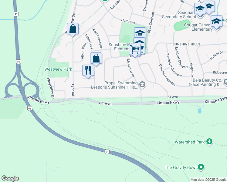 map of restaurants, bars, coffee shops, grocery stores, and more near 11130 64A Avenue in Delta
