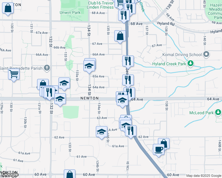 map of restaurants, bars, coffee shops, grocery stores, and more near 13526 64A Avenue in Surrey
