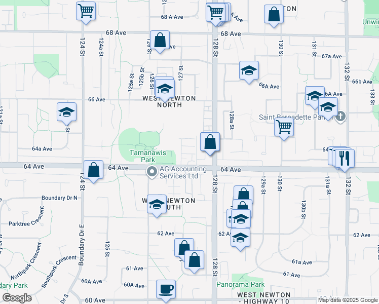 map of restaurants, bars, coffee shops, grocery stores, and more near 12711 64 Avenue in Surrey