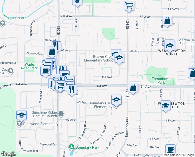 map of restaurants, bars, coffee shops, grocery stores, and more near 12216 64A Avenue in Surrey
