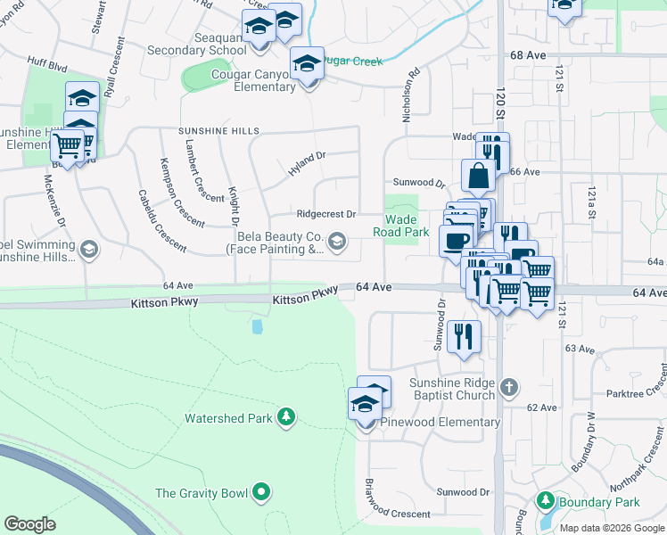 map of restaurants, bars, coffee shops, grocery stores, and more near 11702 64A Avenue in Delta