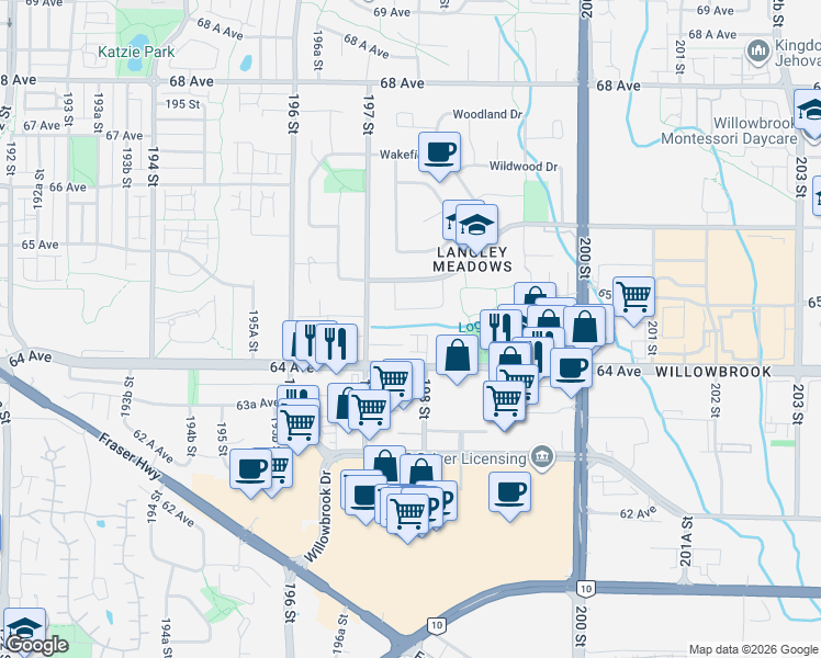 map of restaurants, bars, coffee shops, grocery stores, and more near 19797 64 Avenue in Langley Township