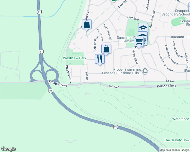 map of restaurants, bars, coffee shops, grocery stores, and more near 10980 64A Avenue in Delta
