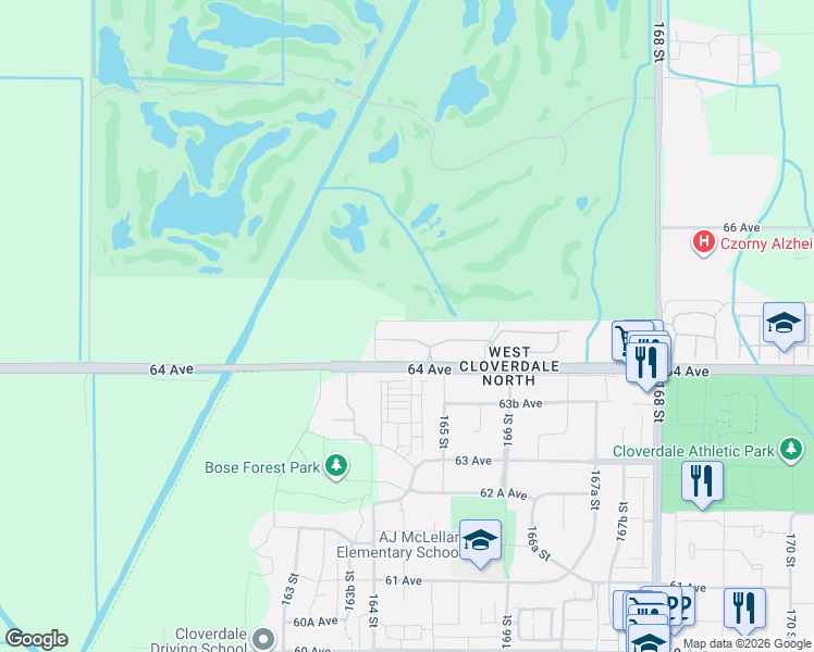 map of restaurants, bars, coffee shops, grocery stores, and more near 16455 64 Avenue in Surrey