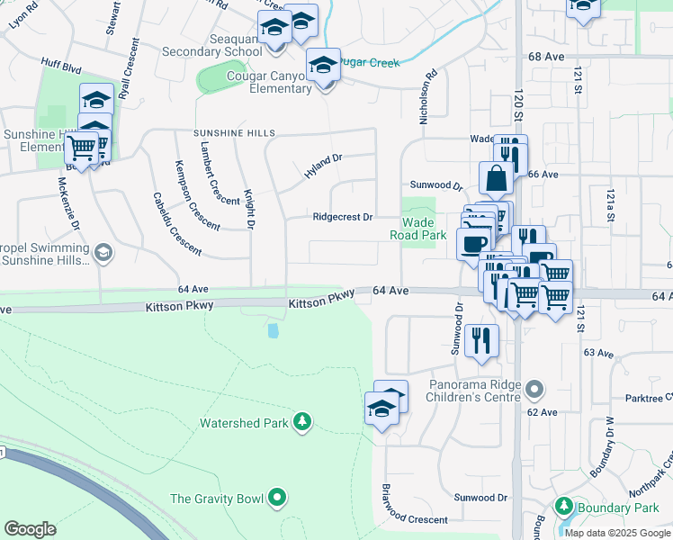 map of restaurants, bars, coffee shops, grocery stores, and more near 11682 64A Avenue in Delta