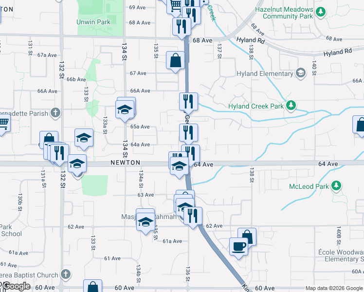 map of restaurants, bars, coffee shops, grocery stores, and more near 6445 King George Boulevard in Surrey