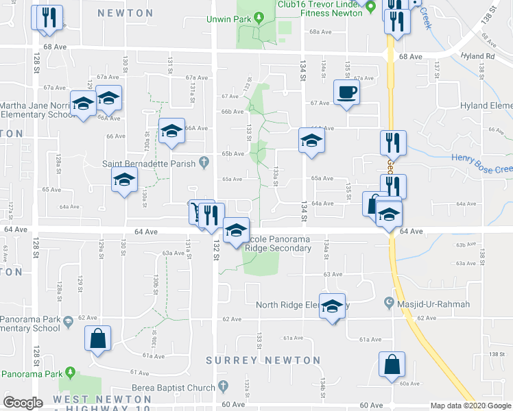 map of restaurants, bars, coffee shops, grocery stores, and more near 13288 64A Avenue in Surrey