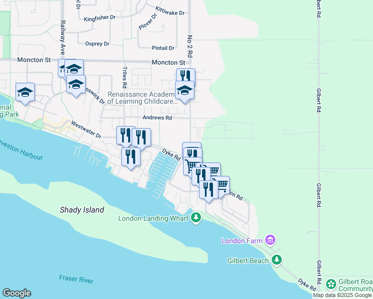 map of restaurants, bars, coffee shops, grocery stores, and more near 12639 Number 2 Road in Richmond