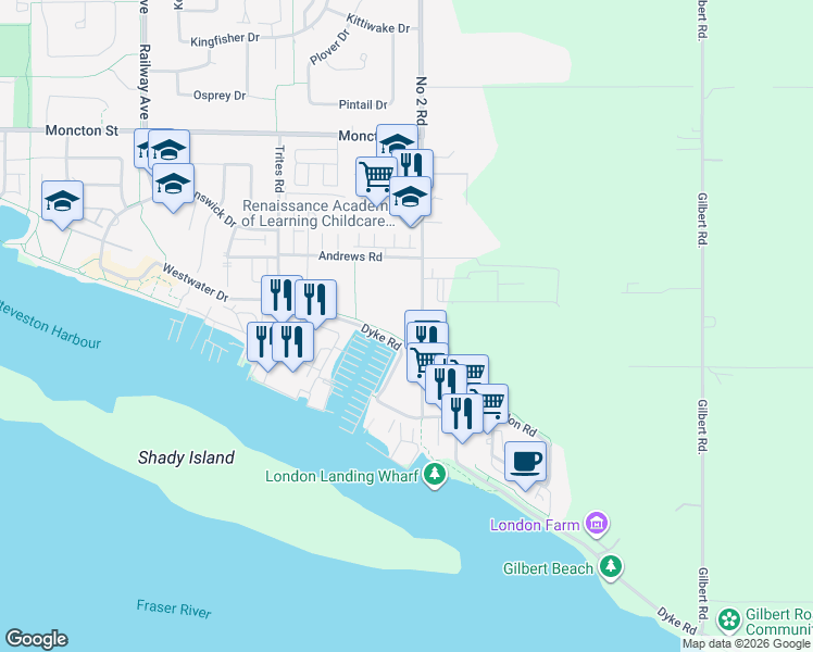 map of restaurants, bars, coffee shops, grocery stores, and more near 12639 Number 2 Road in Richmond