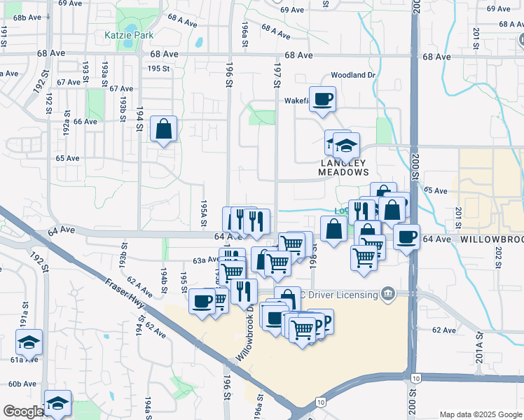 map of restaurants, bars, coffee shops, grocery stores, and more near 6467 197 Street in Langley Township