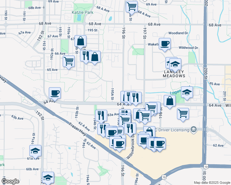 map of restaurants, bars, coffee shops, grocery stores, and more near in Surrey