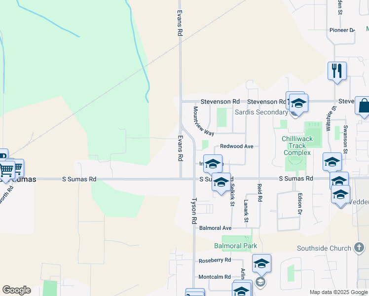 map of restaurants, bars, coffee shops, grocery stores, and more near 6470 Evans Road in Chilliwack