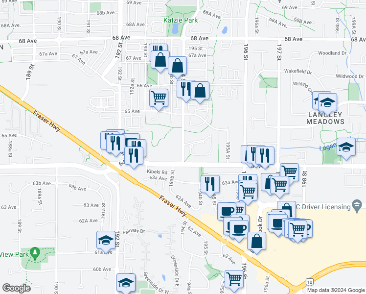 map of restaurants, bars, coffee shops, grocery stores, and more near 6440 194 Street in Surrey