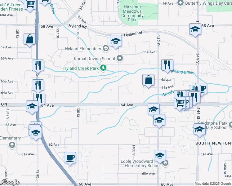 map of restaurants, bars, coffee shops, grocery stores, and more near 6461 140 Street in Surrey