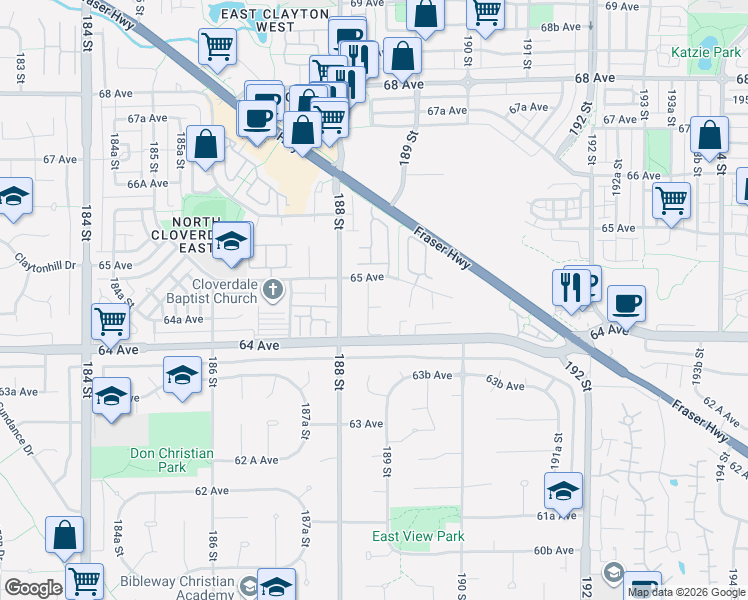 map of restaurants, bars, coffee shops, grocery stores, and more near 18851 64A Avenue in Surrey