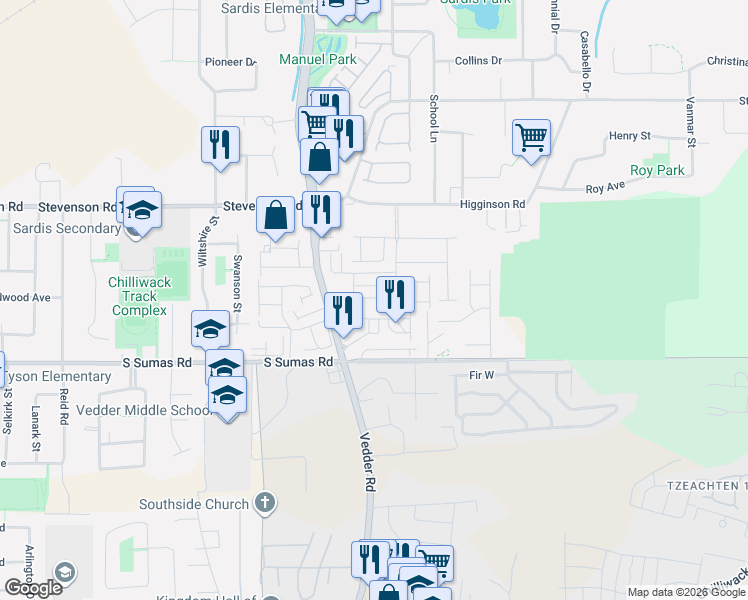 map of restaurants, bars, coffee shops, grocery stores, and more near 45715 Safflower Crescent in Chilliwack
