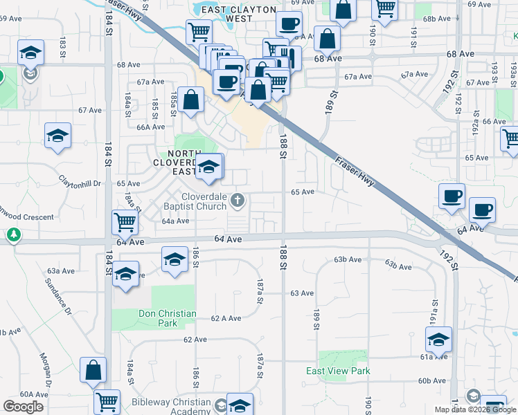map of restaurants, bars, coffee shops, grocery stores, and more near 6450 187 Street in Surrey