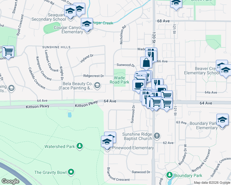 map of restaurants, bars, coffee shops, grocery stores, and more near 6436 Wade Road in Delta