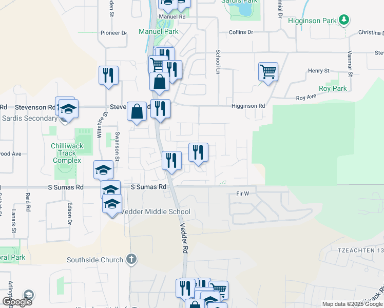 map of restaurants, bars, coffee shops, grocery stores, and more near Safflower Crescent in Chilliwack