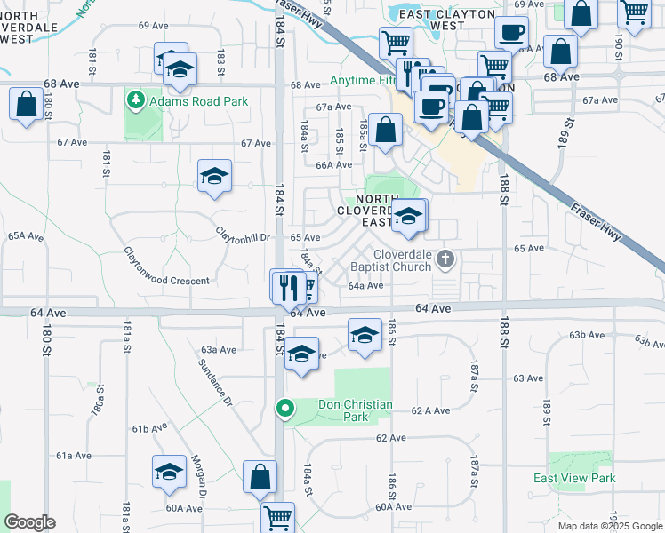 map of restaurants, bars, coffee shops, grocery stores, and more near 18480 64B Avenue in Surrey