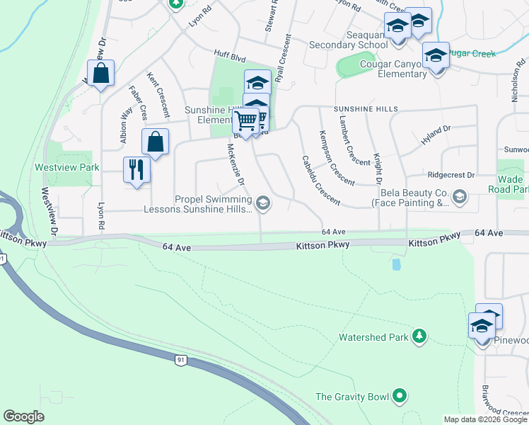 map of restaurants, bars, coffee shops, grocery stores, and more near 6436 McKenzie Drive in Delta
