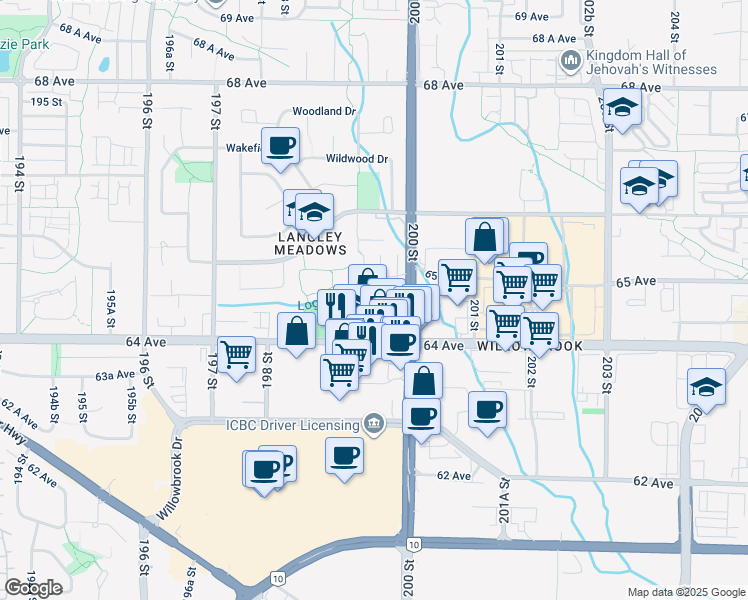 map of restaurants, bars, coffee shops, grocery stores, and more near 6450 199 Street in Langley Township