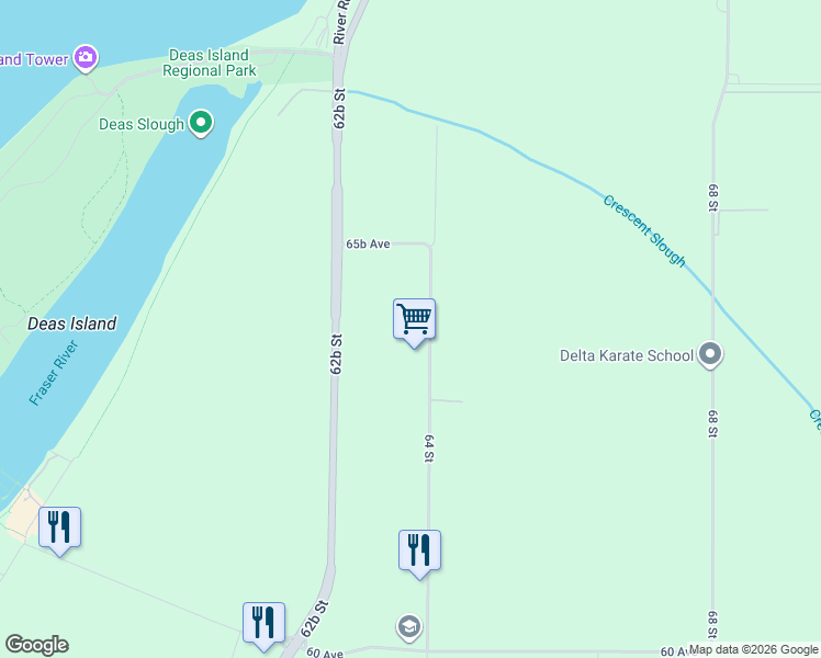 map of restaurants, bars, coffee shops, grocery stores, and more near 6455 64 Street in Delta