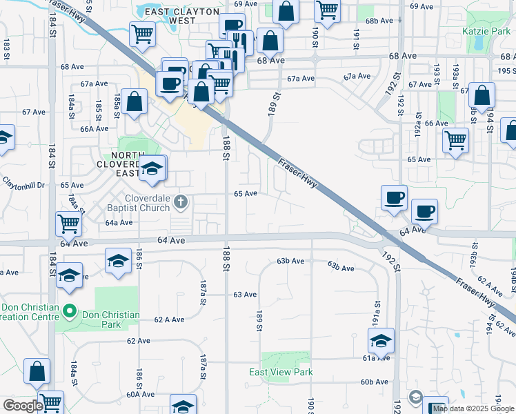 map of restaurants, bars, coffee shops, grocery stores, and more near 18863 64A Avenue in Surrey