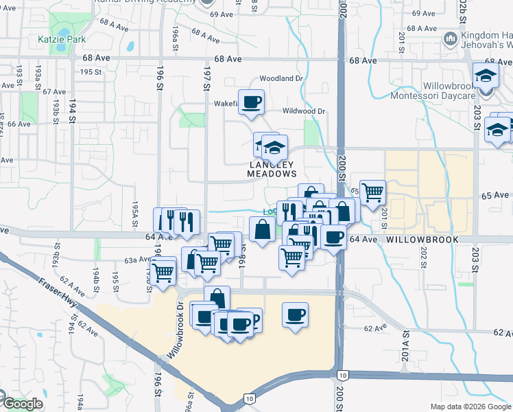 map of restaurants, bars, coffee shops, grocery stores, and more near 2118 Winston Court in Langley City