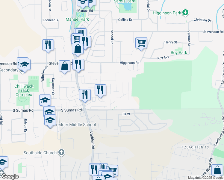 map of restaurants, bars, coffee shops, grocery stores, and more near 6498 Southdowne Place in Chilliwack
